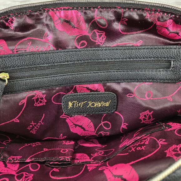 Betsey Johnson Bow-Nanza Dome Satchel Bag Y2K Black White Stripes Pink Bow - Picture 7 of 9